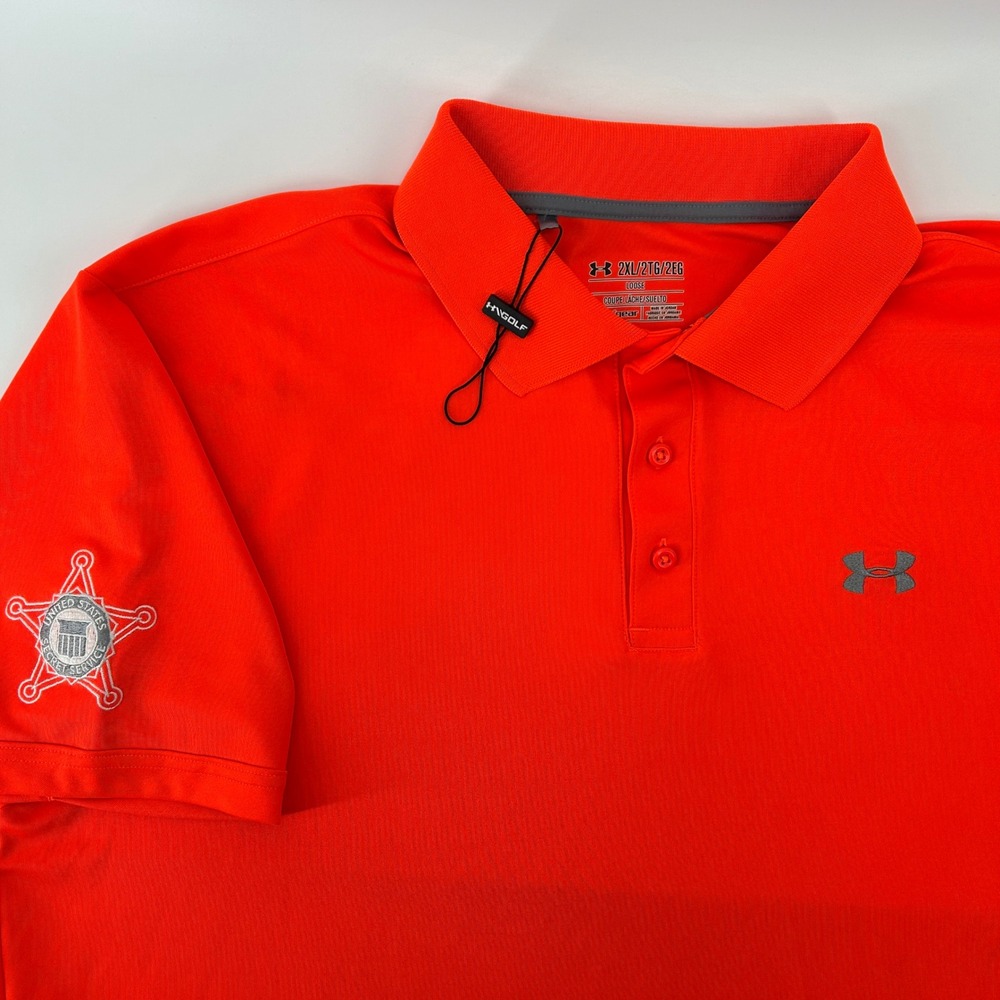 Under Armour Polo Men 2XL Orange US Secret Service Patch HeatGear Loose Fit